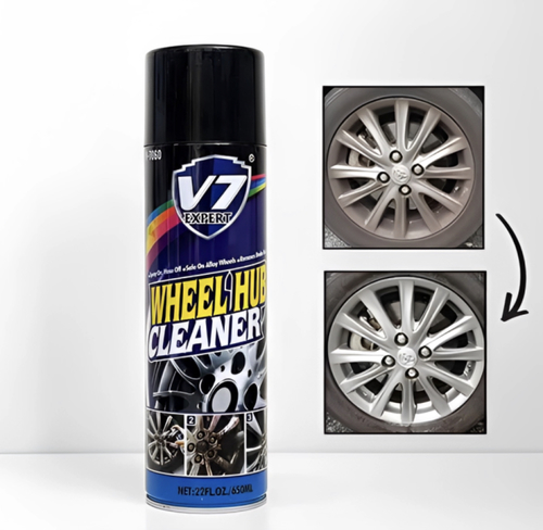 V7 Wheel Cleaner (650 ML) - Clean dirt and stains taken from the car's brakes   Without any material that makes the wheel worn out.   Using it periodically makes the wheel bright and sparkling like new.   It also prevents the formation of dirt and deposits.   directions:   Spray on the wheel when it has cooled until it is wet    30 seconds.   Wash it with high-pressure water.   Wipe the wheel rim with a soft, clean cloth.   For best results, wipe clean with a dry towel or soft brush   Precautions: Avoid contact with eyes or skin for a long time.  If unfortunately, it comes into contact with the eyes, please wash with water and go to see a doctor.
   Store away from a heat source, or anywhere the temperature is over 48°C   Please do not puncture or burn the can.   keep away from the reach of the children.