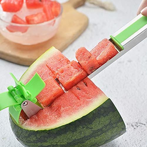 Watermelon slicer - The Watermelon Slicer is designed so that you can slice the perfect cube-shaped watermelon that you cut every time. The unique formula allows you to make clean and quick slices of watermelon without breaking a sweat.  To cut watermelon into the 2cm cube you want every time you use it 
   The Stainless Steel Watermelon Slicer Set is a handy tool to allow smooth and easy dicing and serving of watermelon.  Watermelon gets the cubes you imagined in one easy step, just push it.  The fruit cuts quickly and effortlessly allowing for quick and easy serving directly from the watermelon cube on the plate.  Make your own watermelon salad in a minute, and enjoy refreshing watermelon cubes hassle-free without dealing with a runny mess. 
    BPA free material, safe and 100% food grade polypropylene plastic.  FDA certified, BPA free, no smell, no toxic.  Our watermelon and melon slicer features unique rounded edges and blunt blades, making it completely safe.  All you have to do is use it to push cut watermelon into a cube, and it will be completely safe, even for kids, no need to worry about accidents