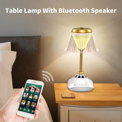 Quran table lamp - Table lamp quran speaker has 16 colors night light, and the brightness and color of the lamp can be adjusted manually, and it can also be controlled by remote control and APP. The built-in speaker with cavity has 5W high-definition lossless stereo audio, which can be connected to Blue-tooth to play your favorite music. You can also choose 16 languages and 16 reciters from the world's major Muslim countries. the desk lamp speaker can select Surah, Ayah, color, reader, language, set AZAN time, Blue tooth, timing, play MP3 music, etc. through remote control or APP 
 App & Remote Control /LED lights 16 Colors /Battery 2000mAh Charging Type-C /Blue-tooth 5.0 /Color White Weight 0.95kgs