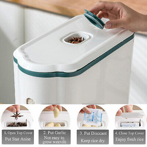 12 KG Rice Dispenser - Rice Dispenser 12kg Storage Large Airtight Cereal Container with Moisture Proof Cylinder Lid   a description   Do you feel that the grains in the house are susceptible to moisture and insects?  Do you find that the cereals at home are untidy and disorganized?  Then our rice container can solve this problem for you.  The rice dispenser can store up to 12 kg of rice at one time, which is enough to meet your family's needs.  The closed cover and compact rice design can ensure the freshness of the rice.  This rice box will be a good helper for your home storage!  Material: food-grade PP   Color: grey   Maximum capacity: 12 kg / 26.46 lbs   Product weight: 1.8 kg / 3.97 lbs   Package size: 38 * 19 * 43cm / 14.96 * 7.48 * 16.93