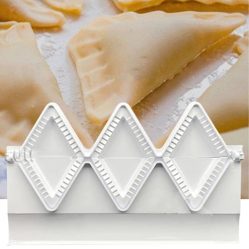 Samosa mold (3 cavities) - Designed to help you make great-looking garnished samosas in a short time, this dumpling mold is ideal for family festivals or get-togethers and will provide you with an enjoyable dumpling-making experience.   It is made of plastic material.   It is suitable for kitchen and restaurant   Features: Easily Remove Molds, Triangles, Non-stick Size: 28.7cm x 11cm by 11.3