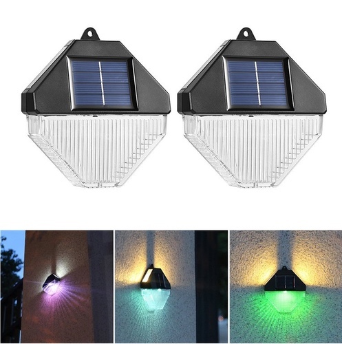 2 in 1 solar light (2pcs) - Hanging lights on the wall, door or fence 3 lamps give 
you warm and colorful lighting, providing an enchanting and decorative 
glow to your pathway, garden, porch or patio.  Bright and 
energy-saving: It has an integrated battery that converts sunlight into 
energy.  More sunlight charges it and allows it to shine for a longer 
period of time.  Warm + Colorful Lights: With 3 LED lights 
that provide gentle lighting.  Gentle, even lighting makes the area feel
 warm and romantic.  The sunlight charges all day and turns on 
automatically at night.  HIGH QUALITY WATERPROOF: Durable and
 wear-resistant ABS + PVC shell ensures its durability.  IP65 rated 
outdoor solar wall lights keep light and last longer in all weather 
conditions, including snow and rain.  Simple installation: 
Installation is quick and easy, without difficult cables.  It can be 
used outside in places like garden, patio, garage, driveway, front 
entrance, backyard, walls, etc.  Size: 10*11cm