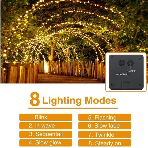 Led solar string light - Light string with 8 different modes warm color on solar energy put 
in outdoor courtyard, window, shop, hall, stage, especially as tree 
decorated with lights create a warm and romantic holiday.  Solar powered
 and auto on/off charging by solar energy, the string lights have no 
additional electric cost, no need to replace the battery.  These solar 
string lights are charged during the day and automatically turn on at 
sunset with a 120 degree rotation angle, adjust the charging direction 
according to the sun exposure angle, and work up to 8 hours after fully 
charged.  （*Note*：Please turn on first before charging.）
 
 Water Resistant Both the string lights and the solar panel are 
waterproof.  IP 67 Don\