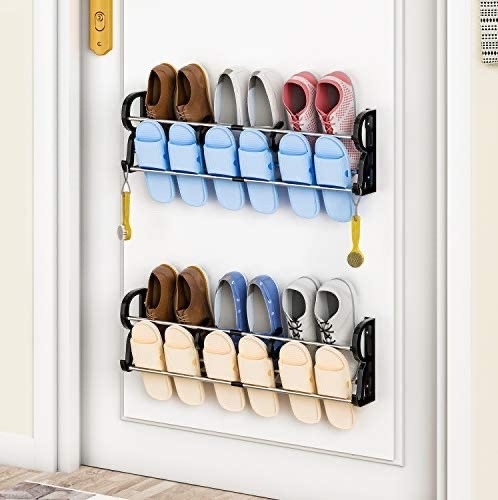 Wall mounted shoe rack - Hanging shoe rack is a narrow and compact hanging shoe storage system that takes up little space while eliminating clutter.  Keeping shoes clean and organized off the floor means a clean room.  Maximize unused space! These S shaped shelves work well for dividing and holding different types of shoes in place.  It is incredibly powerful and extremely easy to use.  This wall-mounted shoe rack also features two hooks on both sides, allowing you to hand scissors, brush, or other similar items.  Lightweight Design Over Door Shoe Organizer Dimensions: 28