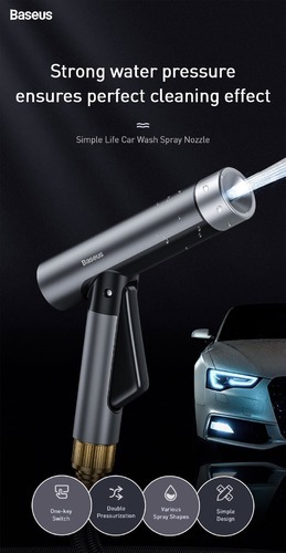 Baseus Car Wash Spray Nozzle (10 Meter) - Baseus Car Wash Spray Nozzle with Magic Telescopic Water Pipe 10 Meters Long and 30 Meters After Water Injection - Black 
   Metal case, explosion-proof water tube (3X), adjustable different water shapes, universal tap connection 
   Material: aluminum alloy 
   Metal case: metal case for car wash water gun, durable to use, not easy to get rusty 
   Explosion-proof water pipe (3X): After the water is injected, the water pipe is extended 3 times with the increase of water pressure, which makes it easier to clean the car 
   Adjustable different water shapes: each cycle can adjust different water ejection shape, thus easily cleaning dust and dirt in different parts of the car 
   Universal faucet joint: including universal joint, standard joint and basin joint, suitable for most faucets on the market 
   Water flow after secondary pressure: Press the water flow twice to make it stronger and more convenient to clean 
   Free Drawstring Storage Bag: Convenient storage of water gun and water tubes.   easy to carry 
   Water pipe length: 10m (30m after water injection