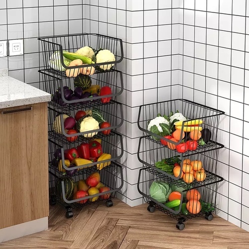 fruit & vegetable multi layer basket - Multi Layer Stacking Vegetable Fruit Basket Metal Wire Kitchen Rolling Storage Basket Storage Organizer