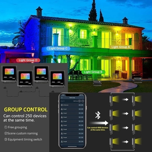 Smart RGB FLOOD LIGHT 4 Pcs - LED (RGB) smart spotlight.  Supports IP66 waterproof feature.  Power 20 watts...outside the house or inside the house
 Remote control through the remote control or through your mobile phone, synchronization with music
 Supports 16 million colors.
 Distinctive lighting for the garden, room or wedding halls
 4 pieces