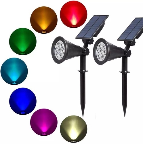 Solar garden spot light - Solar multicolor LED spotlight, can make your outdoor home look brighter and more beautiful    Waterproof, 180° adjustable angle (90° for solar panel, 90° for head)    Easy to install and use: It can be adapted to areas with a detachable ground plug eg garden driveway, landscape, garage  
  Description: This solar light can choose two color models: 1. Auto 
color: 7 watercolor 2. Color fixed: one color selection works 
    NB:    1. Before the first use, charge the lamp for 1-2 sunny days    2 Please be from photographing the lamp for regular lighting  
  3. Spike: If the ground is very hard, do not twist or hammer it with 
force.  Try to soften the ground and then insert it into the ground    4. It is a solar powered product, it is produced by solar energy.  
  5.How to change color/color automatically: The color of the light will
 change when it is turned on at first, the color will be fixed.    (For example: the light on the button will change to blue, and the color will be on blue)  
  6 Tips: The brightness of the light changes gradually when it changes 
color, so you can choose the brightness for the constant color