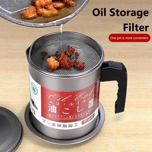 Cooking Oil Filter Pot with Lid Stainless Steel - Cooking oil filter pan with stainless steel lid helps keep cooking oil clean and clear 
   Anti-slip handle 
   leak proof 
   spoon holder 
   Strong and long lasting 
   Material: stainless steel 
   Size: 17 x 15.5 x 13 cm 
   Capacity: 1.7 liters