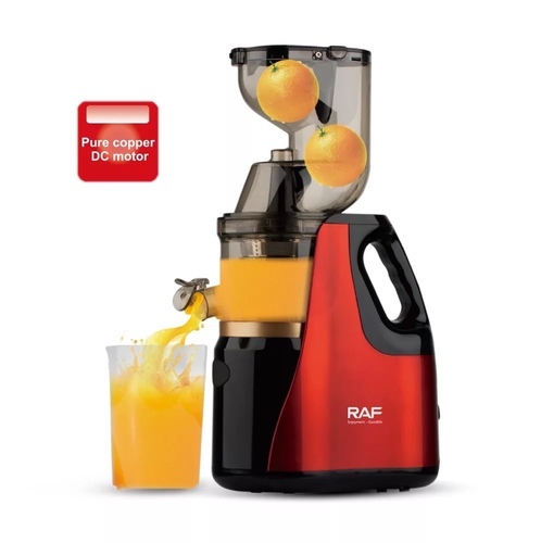 Fruit juicer - Raf fruit juice extractor  60RPM Slow Juicer System, the
 slow juicer can preserve the pure color, natural taste, vitamins and 
nutrients of fruits, vegetables and leafy greens.  The cold press juicer
 has a 150W powerful and quiet AC motor that makes the juice more 
efficient.  Equipped with a 3-inch outlet for juicing whole 
fruit, the juice extractor easily receives large chunks of fruits and 
vegetables, saving time for chopping and preparing ingredients.  Very 
convenient to use.  The juicer machine is easy to assemble 
and clean.  Follow the instructions and only take a few minutes until 
you can start juicing the hard fruit.  When you're done juicing, it will
 take less time to disassemble it to clean.  The included cleaning brush
 makes cleaning easier, and the drip-free nozzle design keeps your 
countertop clean when using the juicer.  All parts of the 
detachable juicer are made of high quality BPA free materials.  This 
greatly reduces the chances of accidents.  Package includes: 1
 * slow juicer.  1 * cleaning brush  2 juice bottles.  Note: It is not 
recommended to put this juicer in the dishwasher.