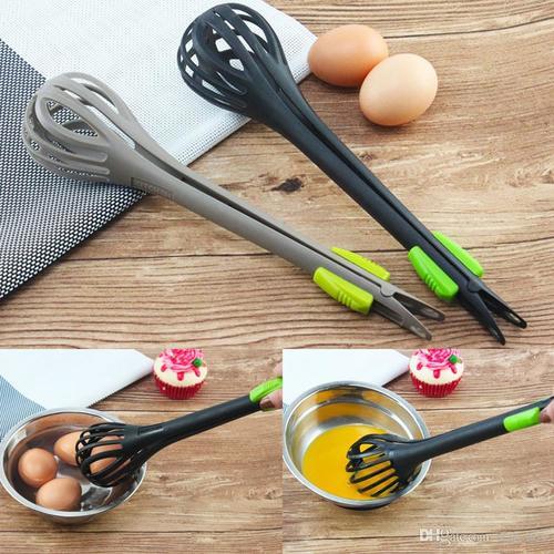 2 in 1 food tong - multifunctional tool used to beat eggs 
  And stir the cream and food tongs 
   Unique design: round handle, comfortably fits the shape of the hand, the inner oval space can be used to hold various smooth foods, such as eggs, potatoes, tomatoes, etc.  With reinforced serrated clip head, it can provide firm grip and more durable while cooking.  Which can be used to bind steak slices, melon slices, vegetable leaves, etc 
   EASY TO CLEAN AND STORE: Nylon whisk is easy to clean and easy to hang on any hook in your kitchen, allowing for easy storage, just wash it with kitchen detergent and water, or clean it with the dishwasher.  A must have for home cooks and restaurant chefs. 
   High Quality Material: Made of food grade nylon material, this cookware is non-toxic and tasteless and ideal for hot or cold foods.  Ergonomically designed for excellent balance and control - making a difference you can really feel in the hand.