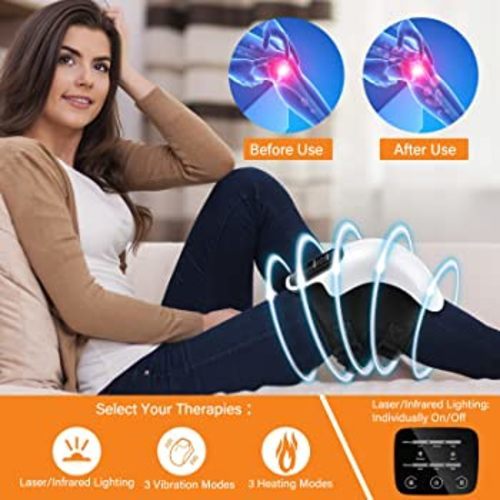 Cordless Knee massager - versatile knee massager for pain relief and a relaxing massage after a long day.  This knee massager has 3 vibration modes, from low and high to auto switch.  Three heating modes, from a low setting at 40°C, medium at 50°C, to a high heat setting of up to 60°C, all with the added benefit of switchable infrared and laser lighting.
  Wireless and lightweight: With a high-performance 3000mAh battery, as well as its light weight of 650g.  Enjoy a relaxing knee massage, no matter in the comfort of your home or anywhere in the world.
  The LED touch screen control panel is easy and intuitive to operate.  The included detailed user manual with larger text and illustrations makes the unit attractive to operate.  A separate quick start guide helps you get started with massage and pain relief in no time

  Rated voltage: 3.7V
  Input current: DC 5V, 2A
  Battery capacity: 3000 mAh
  Charging time: 3-4 hours
  Continuous working time: 1-2 hours
  Size: 35 * 35 * 45mm / 1.4 * 1.4 * 1.8in