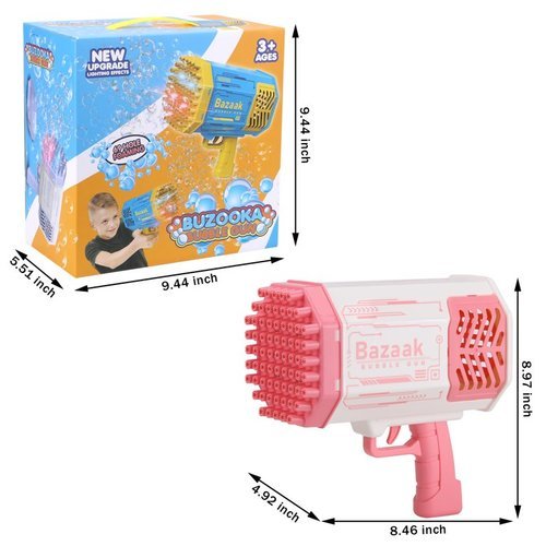 Bubble gun 60 hole - The rocket bubble gun has recently become popular on social media and is loved by adults, children and their fans.  It is a perfect photo prop, you can take perfect photos and videos with it. 
   NEW UPGRADED 60 HOLES DESIGN - The bubble maker has 60 bubble holes to blow out more than 2000 colorful bubbles per minute.  It comes with four colored lights to provide you with amazing effects, no matter it is day or night, you can see rich colored bubbles explode when you press the trigger, the brilliant lights present colorful bubbles, and you can enjoy a colorful scene at night. 
   Environmental Material - The bubble guns are made of non-toxic ABS material, with 1 bubble solution and 1 tray, which is safe, durable, light and no leakage.  Learn about the US gaming standard.  Safety test approved.  Comes with a 2200mAh rechargeable battery, the bubble is sustainable use and environmentally friendly!  Take down the head of the bubble machine and turn it into a mini fan, it will bring cool and comfortable wind. 
   PERFECT GIFT - This bubble maker is a perfect gift for children and friends, suitable for various occasions and parties, such as family activities, birthday parties, weddings, graduations, camping trips, beaches, backyard bubble parties, etc. 
   advice  - Please use a special bubble solution, not DIY soap, the former can create a lot of bubbles, it is very important because soap is not the same effect;  2) Please charge at least 4 hours to full before using.  Don't stick too much bubble solution, it avoids bubbles sticking together, just stick only a little solution, it can blow thousands of bubbles out of the machine outlet.