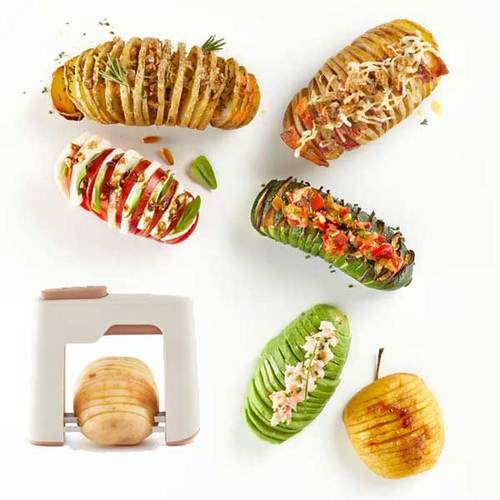 Hasselback Vegetable Cutter - Hasselback Vegetable Cutter now you can cut the vegetables into thin slices in a fan shape and add your favorite ingredients. You will get a crunchy result on the outside and soft and creamy on the inside.Easy and Quick Use Easy to clean Material: PP + ABS + Stainless Steel Color: Same as picture