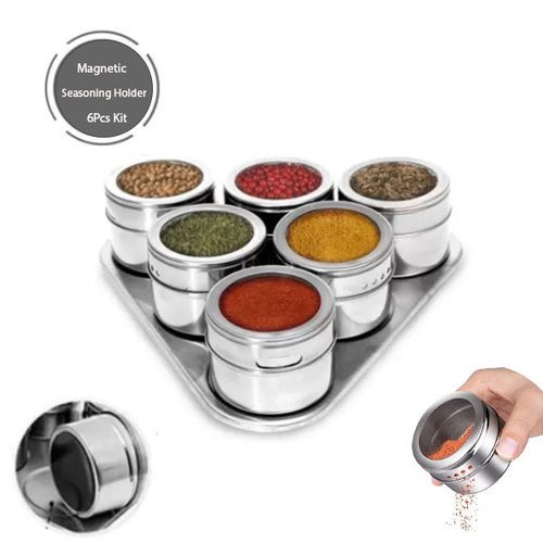 6pcs magnetic spice holder - Magnetic Seasoning Holder 6 Pcs Kit comes with 1 base and 6 Magnetic Pots. Which is very needful in your daily kitchen work. With its unique design which has magnetic pots, you can stick them on any metal surface and it is very convenient to use.Strong: Magnetic Material: Stainless Steel Pot Size: H 4.5 cm – W 6.5 cm Base Size: H 19.5 cm – W 21.5 cm Color: Same as picture