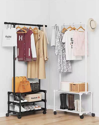 Multifunctional Coats Rack - Sturdy Support - The clothes rack is made of high quality metal material, which means it has a strong heavy duty and is not easily deformed.  More sturdy and durable than you expect, it is a good helper for your extra clothes, meet your daily needs and bid farewell to the messy room. 
   PERFECT SIZE - Dimensions: L56 x W35 x H190. The standing garment rack has a simple structure and can be easily assembled by one person. 
   Four 360-degree rotating wheels for flexible movement.  Lightweight rack for easy portability.  You can move it anywhere you like to organize your clothes. 
   Multifunctional rack - You can dry all kinds of coats, pants and shirts on the upper column, and the lower rack is very suitable for storing shoes or boxes.  Don't forget the side extension tape, you don't have to worry about your bag or hat going anywhere.