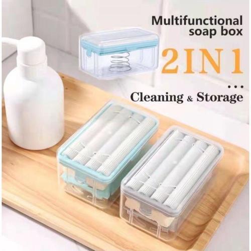 Multifunctional soap foaming box - Multifunctional 2-in-1 washing and storage soap box, fast foaming.  The bottom has springs for easy access to the soap from the box, and the cylindrical grooves are raised for easy access.
  Easy to use, just open the cap, place the soap between the spring base and the sponge roller, and it's ready to go.  Friction between soap and sponge rollers creates a rich lather, saving time and effort.
  Exclusive design.  The inner spring has high elasticity and high contraction design, so the soap can be placed on the soft rubber roller at any time.
  Problem Solved Use this soap box to prevent soap from slipping out of your hand.  The roller piles up and distributes the soap evenly across the clothes.
 
  Material: PP + soft glue
  Color: blue, grey
  Size: 4.80 * 2.80 * 2.65 inches
  Weight: 6.0 oz
  Soap laundry box features:
  The soap holder can be locked and does not slide out.  Portable and compact.  Works with most soaps and is a must-have for bathroom and kitchen storage.