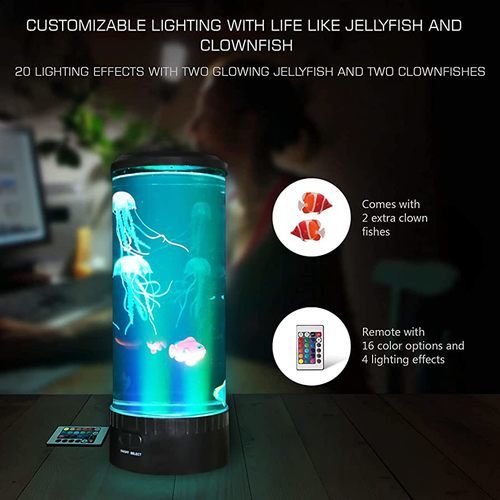 Jellyfish lamp - Relax with the calming effect of the Jellyfish Light Tank Set with Color Changing Lamp  20 lighting effects, remote control, two fake jellyfish, two clownfish, USB adapter for power option, visual instruction manual    Sleek, simple, and modern design with a sleek profile that blends in perfectly with any decor.  We've focused on simplicity to avoid distracting you from the calming, relaxing movement of jellyfish swimming in the lamp.  Get complete control of your lamp at your fingertips with the included remote control.  Lift your mood with vibrant fish!  Our jellyfish lamp includes 2 large glowing jellyfish and 2 clownfish so realistic that you suspect if they are fake. 20 color-changing lights for a relaxing effect!  Our long light with 16 light colors and 4 lighting effects captures your imagination and brings the appeal of real colorful marine aquariums to your home,