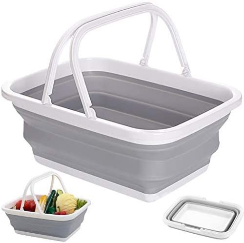 Foldable Shopping Basket with Handle - Foldable Tray - The basket is designed to be quickly folded and unfolded, does not take up space, and is lightweight for easy storage. WIDELY USED - It's the perfect storage basket for the kitchen, bathroom, outdoor sports, car, and more.  Fruits, vegetables, snacks, drinks, clothes, books, and more.
  High-quality material - The folded part is made of TPR material, which can be stretched at will and is not easily deformed.  It also has a specially cushioned base design that is non-slip and wear-resistant. Portable Handle - The storage basket is equipped with a carrying handle and has two handles for easy carrying and storage.
 High-quality material, mainly made of pure new material, not easy to damage, wear-resistant, and anti-fall.
 Foldable design to save space for limited space.
 The multi-functional foldable tub with a handle provides great convenience for mess-free travel.
 Perfect for storing clothes, toys, toiletries, snacks, fruits, vegetables, etc.
   Customize:   Color: Off White.   Shopping basket size: 39cm x 28.5cm x 17cm, folded size: 39cm x 28.5cm x 4.5cm.