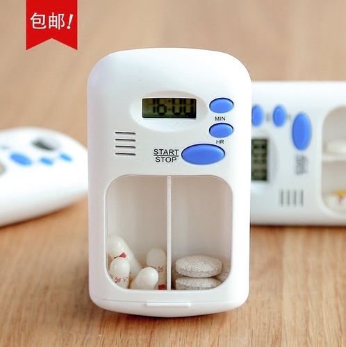 Pill Organizer With Alarm - 1. Multiple Functions: Electronic reminders are divided into 2 compartments, size of a mobile phone, small and portable, and can also be used as a clock.  
2. Reminder Design: This is a timed pill dispenser with countdown reminder, which can remind you to take medicine on time according to time you set.  
3. High Quality Material: Shell is made of pure ABS, environmentally friendly and sanitary, not easy to damage, and can be used with confidence.  
4. Small Buckle Design: Strong sealing, no gaps, dustproof and moistureproof, not easy to be affected by moisture, and easy to operate.  
5. Three Buttons: Simple operation, novel and generous appearance, easy to carry, it is a good helper for home Material: ABS+PP
Size: Approx. 9 x 5 x 2cm/3.54 x 1.97 x 0.79in
Color: White
Applicable Battery: 1pc LR44 Battery