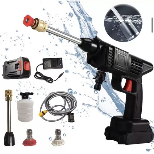 High pressure wireless wash gun 12v- - Cordless high-pressure water gun, which is 3 times more pressure than a garden hose with a nozzle, enabling heavier cleaning tasks to be done, such as car washing, deck cleaning, degreasing or garden watering, etc.  . 
   * LONG LASTING DURABILITY - Include 12 volts 
   4400mAh rechargeable battery, support continuous work for 45 minutes, plug and play, not limited by wire any more.  The super long endurance battery not only provides you a comfortable working way, but also extends the service time of the spray gun. 
   * Draws Water From Anywhere - A pressure washer connects to a filter hose where you can draw water from anywhere, such as a water source such as a pond, lake, or bucket.  You can connect a garden hose at home or even a 2 liter bottle on the go.  The filter box of the hose with high efficiency and deep filtration, which can protect the pump and extend its service time. 
   * EASY TO USE - Compact and lightweight high pressure spray gun is easy to use with one hand, with replaceable battery, plug and play.  Ergonomic handle is easy to use, long-lasting grip without fatigue.  Universal 1/4 inch quick connect coupler for different nozzle extension.  You can clean anywhere that has water. 
  Material: ASB+PC 
   Voltage: 12 volts 
   Power: 156 watts 
   the above.  Pressure: 30 bar. Battery capacity: 4400 mAh 
   Continuous use time: 30 minutes 
   Motor: all copper 
   Water hose: 5 m 
   Black color