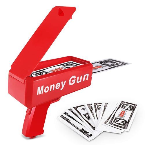 Money gun - Money gun + 200 cash, feeds up to $100 bills and sends them across the room.  Let you enjoy endless fun, fashion toy gun, a good choice for a gift. 
   Great for weddings, bachelorette parties, birthdays, marketing, nightclubs, etc. 
   EASY TO USE - It's as simple as can be.  Lift the top cover open, put the items into the loading compartment, and pull the trigger.  Make sure you aim in the direction you want to dispense the items. 
   This dollar gun is suitable for all ages and can be used in many ways.  It is safe for children to play and fun for adults.  As long as the loaded prop bills or ammunition matches the compartment size and slot thickness 
   Make It Rain fires up to 15 bills/sec.  Shoots about 6-8 feet long.  Works best with support/copy money and when held at a 45 degree angle 
   1 x Money Gun   200 x bills