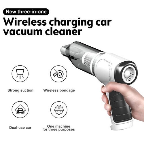 Cordless Handheld Vacuum Cleaner - 3 in 1 rechargeable vacuum cleaner. Suction and blowing. Wet and dry suction 
  .  The swim ring is inflated, and it can easily be done in 20 seconds 
  .  120W high-power copper motor, the suction power is permanent and does not decompose, does not generate heat, and effectively and quickly absorbs stubborn dust 
   Turbocharged air duct, strong suction, pure copper motor 
   Large capacity lithium battery, long-lasting battery life 
  .  Convenient and unobtrusive operation 
   Various accessories can clean hard-to-reach gaps and corners 
   One-key separation, large-capacity dust bucket, split-type dust removal, one-click removal of dirt and debris 
   .  The filter can be disassembled and washed, and it can be recycled 
    Visible and transparent dust box, high-quality material molding, ergonomic handle design is comfortable to use 
    Product material: ABS + pure copper large motor 
   Package Weight: Net Weight: 0.40 kg Gross Weight: 0.560 kg 
   Package size: 185mm * 160mm * 60mm 
   Rated voltage: DC 7.4V 
   Vacuum degree: about 9000Pa for wireless charging 
   Rated speed: 38000rpm/min 
   Lithium battery capacity type: 2 * 2000 mAh 
   Charging method: 5V USB boost charging cable 
   Rated power: 120 watts 
   Product noise: ≤84dB 
   Use temperature: -20°C ~ +50°C 
   USB cable length: about 1 meter 
   
   【Instructions for use】: 
   1. Check if the battery is fully charged. 
   2. Turn on the switch. 
   3. Replace different nozzles to use according to different occasions. 
   4. This product is a wet and dry vacuum cleaner.  When absorbing water, you should open the front cover in time to drain the water. 
   5. The USB rechargeable battery shows red for normal charging and green for full charging. 
   6. The charging time is about 3-4 hours, and it can last for about 30 minutes when fully charged. 
   【Precautions】 
   1. The filter must be installed when using. 
   2. Do not expose to direct sunlight or use in places with high temperature and high pressure. 
   3. Do not wipe the body with benzene or volatile detergent. 
   4. The front cover cannot be removed when the motor is running. 
   5. This product is a vehicle tool, and children are prohibited from using it alone to avoid danger. 
   6. Pay attention to the water level in the front cover when absorbing moisture. 
   7. When removing foreign objects in the gap, please put a duckbill straw. 
   8. Under normal circumstances, it can usually be used for half an hour and has no effect on the car battery. 
   9. After using this product, please turn off the switch, when removing the garbage from the mesh bag, press the hold button, and then pour out the foreign body.