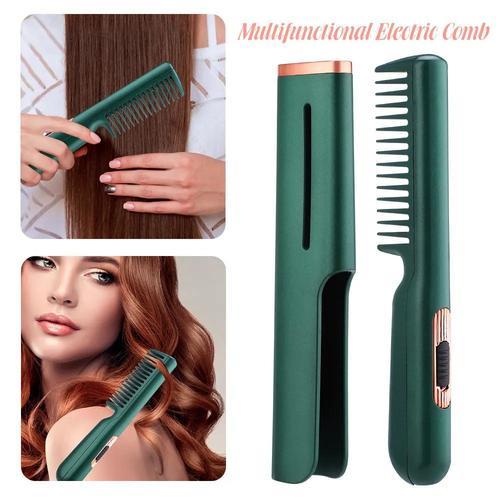 2-In-1 Hair Straightener Comb Hair - This electric comb can help you easily solve various hair quality problems, quickly comb your messy hair, smooth frizz, aiming to make your hair shiny. 
   30 seconds fast heating, 190°C constant temperature heating, gentle hair care, avoiding hair damage due to high temperatures. 
   Three-sided anti-fall protection in front, side and back, 360-degree anti-scalding design, double protection of heat insulation comb and heat insulation cover, to avoid high temperature burns to your hands to the greatest extent. 
   The unisex electric comb can be used not only for hair combing and grooming, partial repair on the go, but also for grooming men's beards. 
   The compact structure with storage sleeve makes it easy to carry our comb and allows the comb to be used as a regular comb to take care of your hair at any time. 
   This electric comb is suitable for any hair types and different hairstyles, such as curly hair, straight hair, long hair, short hair, and so on. 
   USB charging design allows this product to be used with power banks or power outlets.  (The body does not contain a built-in battery.) 
   Precautions: 
   1. During use, the maximum temperature is 190°C (±8°C).  Be careful not to stop for too long to avoid breaking your hair. 
   2. Put it out of the reach of children. 
   3. If you want a long-lasting style, you can use beard oil/hair styling lotion or a smoothing lotion after straightening. 
   4. You can use dry/wet towel to clean the comb.  However, please turn off the comb and wait for it to cool down before cleaning. 
   Determination: 
   Material: PD66 nylon + ABS 
   Color: pink, green 
   Size: 17.5*4*2cm 
   Net weight: 90 grams 
   Packing size: 23.5 * 8.5 * 3.6cm 
   Voltage: 3.7-5.5 
   Power: 45 watts