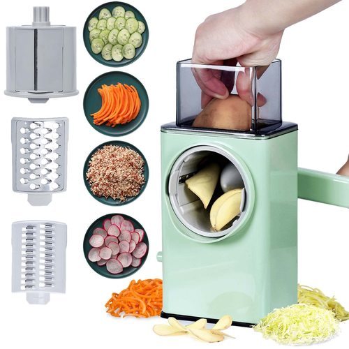 Multifunctional Vegetable Cutter - Multifunctional Vegetable Slicer- Easy to clean,save your dinner prep
 time with 3 kinds of replaceable blades, Slicing blade is suitable for 
 slicing cucumber，tomato, carrot, potato, onion, cheese, nuts, garlic. High
 Quality Materials-the three slicer blades is made of high quality 
stainless steel and other parts are made of food grade plastic that is 
strong and durable.the cheese grater is removable and not break 
easily，make sure it can be used last a long time. Upgrade 
Beautiful Design-The enlarged food chamber can hold whole potatoes，and 
the handle is designed with a spiral structure.The suction force is 
stronger than other traditional rotary cheese graters and it works more 
stable. Instructions for Blade-Place the cutter barrel flat and 
press it down until the blades on both sides areacked up,then pull out 
the blade,align the replaced blade with the gapon the surface of the 
cutter barre,insert it into the clamping slot and press it down last. Easy
 to Use and Safe-The blades are within the circular compartment so it is
 very safe to use and it can be used to grate cheese without making a 
mess.The cutter is also very easy to assemble and it doesn’t tire your 
hand even when prepping vegetables for a whole week.