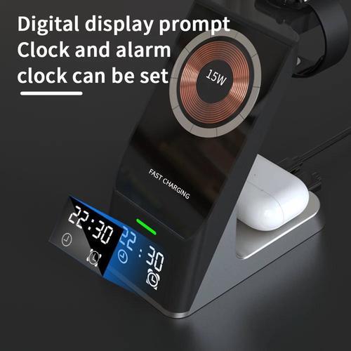 6 in 1 wireless charger-4466 - Multifunctional magnetic wireless charger with alarm clock 
  15W magnetic wireless phone charger suitable for iPhone 12, 13 and 13 
  3W AirPods charger 
  Apple Watch charger 2.5 watts 
  USB output 5 watts