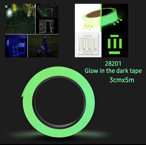 Luminous tape for night vision - It will glow in the dark after fully absorbing sunlight or night light. 
   Self-adhesive, waterproof and removable. 
   It can decorate the living room, bedroom, kitchen and other indoor places. 
   Easy to use and cut, easy to peel. 
   Multi-functional, environmentally friendly and luminous decoration. 
   Used in staircases, door surrounds, hallways, stairs, baseboards, entry and exit ways. 
   Determination: 
   Material: PVC 
   Size: 3 cm x 5 meters 
   Describe: 
   Before use, please place the product on a fluorescent lamp or other light irradiation for 20 - 30 minutes. 
  
 After turning off the light, you can see the glow effect.  - Products 
should absorb light first, turn off the lamp, and then fluoresce. 
   The beginning of full light absorption will be the brightest. 
   The darker the color, the higher the brightness 
  
 The brightness of the luminous light will slowly weaken with time, just
 let it reabsorb the lights, it will return to the starting brightness.