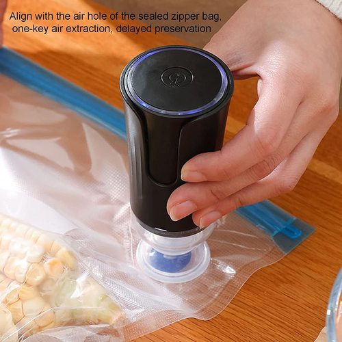 Electric handheld vacuum pump - One-touch switch: Our portable mini electric vacuum sealer is a one-touch switch button, which is convenient and quick to use. 
  
 Preservation: Slow down food spoilage and keep food delicious without 
wasting food and saving space.  Plastic food storage bags are freezer 
safe.  A good vacuum pump can provide a seal for food storage. 
   Mini Portable: The portable mini body design allows you to easily carry it for picnics, camping and travel. 
   VACUUM-SEALED BAGS: Our reusable vacuum-sealed bags are safe to freeze, microwave, or cook at high temperatures. 
  
 Applicability: Food tissue bags can be used for seafood, meat, 
vegetables, fruits, cereals, snacks, nuts, sandwiches, vacuum storage 
can keep food fresh and long-term storage. 
 
 
   Product material: ABS 
   Voltage: 5V 
   Battery capacity: 400 mAh 
   Battery type: lithium battery (shipped with built-in battery) 
   Rated power: 7 watts 
   Pumping speed: 3 liters / minute 
   Vacuum level: -60Kpa 
   Weight: 275g / 9.7oz approx