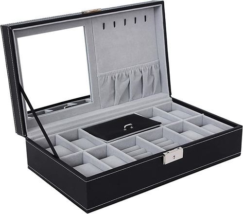 Storage case with lock and mirror - Made of high quality black faux leather and soft gray velvet, this 
jewelry box is very excellent for protecting your beloved watches from 
scratching and damage. 
   Multi-function: 1 mirror, 5 
hanging hooks for necklaces, 1 large pocket, 2 ring holders, 8 watch 
slots with removable velvet cushions, another compartment for cufflinks,
 earrings and pins 
     Elegant appearance and considerate design, this watch case is great for personal use, store display and home decoration 
   Lockable with Keys: The lockable jewelry box with two keys organizes your watches in a safe way 
   Product size: 13 18