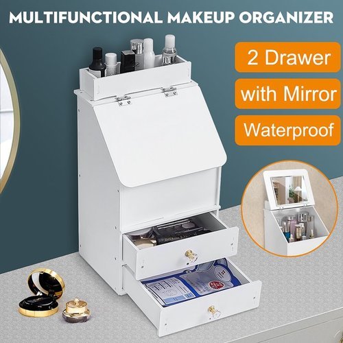 Makeup organizer with mirror-4509 - Cosmetics organizer with drawer design, number 2, to save space. 
  Folding mirror 
  An
 upper shelf for placing lipstick and small items is ideal for storing 
and arranging jewelry, cosmetics, personal and office supplies 
  Keep your desktop tidy and organized with this organizer 
  Features: 
   1. Sturdy and durable to use. 
   2. Attractive outward appearance, well decorate your dressing table. 
   3. Provides plenty of openings and large enough space for storage. 
   4. With a small mirror for your convenience. 
   Material: PP 
   White color 
   Size: 8.26