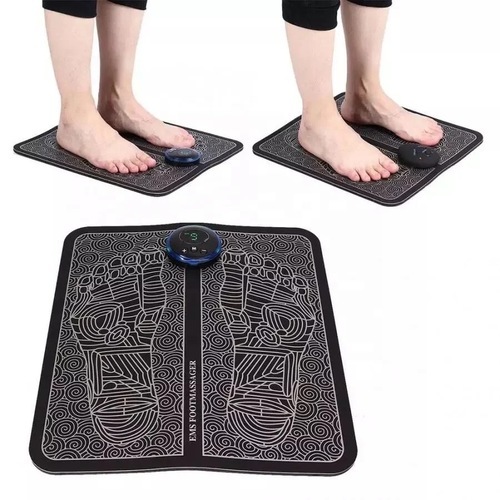 Foot massage cushion - Physiotherapy massage pillow to improve blood circulation 
    Type: charging type 
   Product name: foot massager 
   Massage mode: 6 types 
   Massage intensity: 9 levels of intensity 
   Battery capacity: 240 mAh polymer battery 
   - Product size: 325 * 325mm (12.8 * 12.8in) 
   - Product features: foot therapy, massage acupuncture points, activate veins, relieve fatigue 
   Features and benefits: 
   EASY TO CARRY - It is foldable and small.  For travel and the gym, it can be easily carried around. 
   6 Modes - To meet different massage needs, intelligent simulation artificial massage techniques according to personality 
   Preferences and physical pressure can be combined freely. 
  
 ADJUSTABLE INTENSITY - The foot massager is 9 levels of adjustable 
intensity that directly stimulate acupuncture points, slow down 
   Physical and mental fatigue, improve sleep. 
   USB Charging - Built-in rechargeable lithium polymer battery, long battery life makes you have no problem with fitness 
  
 People who need it - people who often go to the gym when they finish 
their workouts or training;  people who travel long distances; 
   people who often ride bicycles, dance, or climb mountains;  People who like to wear high heels. 
   Package Contents: 
   Shipping type 
   1 * Foot Massager 
   1 * English Manual 
   1 * USB Cable 
 
 
   1. Attach this product to the floor mat. 
   2. Installed. 
   3. Put your feet on the mat 
   4. Power on, please press and hold the power button for about 2 seconds;  Green light force. 
  
 5. Adjust the mode and intensity you need.  If you want to turn off the
 power in the middle, please press and hold the power key