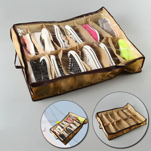 Shoe storage bag 12 compartments - L high storage capacity, it can hold up to 12 pairs of shoes 
   Protect shoes from dust, moisture and bumps 
   Foldable design to save space when not in use 
   Transparent PVC cover, easy to identify and find the pair you need 
   Work as a shoe organizer or expand your shoe rack 
   A very useful companion in the house 
 
 
   Customize: 
   Material: non-woven fabric + PVC 
   Brown color 
   Size: approx.  67cm x 57cm x 14cm / 26.38