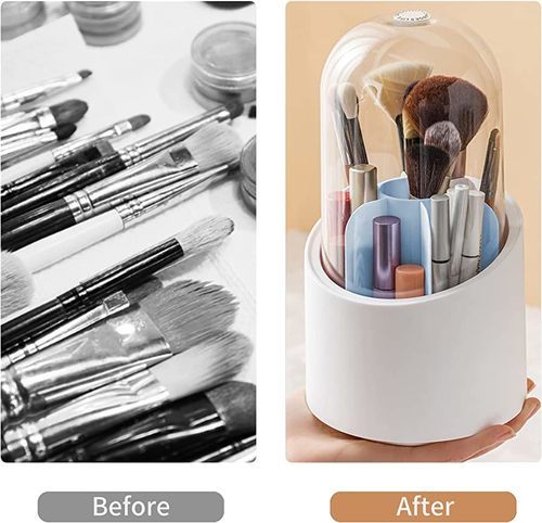 Rotating cosmetic brush organizer with lid