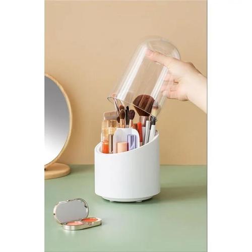 Rotating cosmetic brush organizer with lid