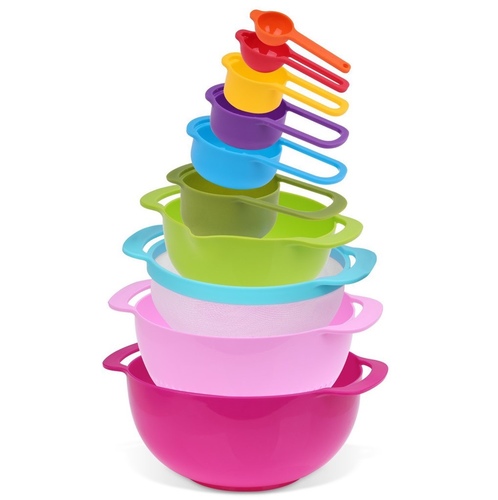 Plastic Geometric Bowl Set 10pcs - This food preparation set offers a modern take on maximum utility with minimum space. Ten durable plastic BPA free pieces that nest together in a neat stack.Convenient All in One 10 pc Space Saving SetNon-slip base on each bowl keeps it securely stationed on the counter or table while in use and mixingDishwasher-safe (?except for sieve); not for use in the microwave