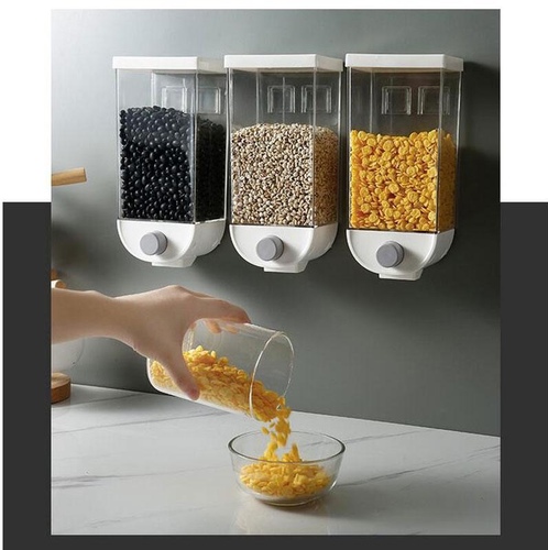 dry food dispenser - Source:CN (Origin)Capacity:> 501mlPackaging:1Size:MStyle:Environmentally friendlyTo use:FoodMaterial:PlasticPlastic Type:PCCondiment container model:CoverType:Bottle & Storage JarsProduct DetailsName: Wall Mounted GRAIN TankMaterial: ABS+PSSpecifications: 1000ML/1500MLColor: White,BlackPackaging: PackingAppearance: Color Button,White Jar Button White,Black Jar Grey Button