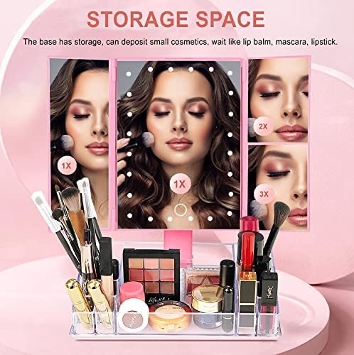 cosmetic mirror 180 rotation angel storage - Makeup Mirror - Lighted Makeup Mirror with Lights and Magnification, 3x/2x Magnifying, Tri-Fold Cosmetic Vanity Mirror with 24 LED Light and Storage, Touch Screen, 180 Degree Adjustable,White