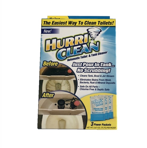 hurri clean - Clean your toilet super-fast and easily with HurriClean! Hurriclean, As Seen on TV, features a powerful cyclonic foaming action so there's no scrubbing. Simply pour Hurriclean in the tank and it goes to work cleaning the tank and jet stream. HurriClean Automatic Toilet and Tank cleaner eliminates rust, mineral deposits and more. Safe on all parts- chlorine free and septic safe. Each set includes 3 packs of Hurriclean.