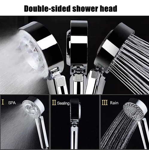 double side hand shower - Condition: 100% brand new
3 Mode of spraying water: SPA mode, sealing mode, boost mode
Specifications:
Color: silver
Material: ABS
Size: As Picture
Interface size: 2 cm
Package includes: 
1*shower head

Double-sided water shower head.
Adjustable shower area, saving 50% of water.
Shower head is detachable, can put into bath cream to enjoy your SPA
High quality ABS material, good flexibility, acid-proof and wear, health and durable.
Effortlessly provides superior water pressure, provide you adequate water and comfortable shower time even if your house is the high-rise. 
Let your bath or washing hair easier, especially for kids, baby, disabled, toddler, camper, pet. Can be used as RV shower head.

Note:
1. Due to the light and screen difference, the item's color may be slightly different from the pictures.
2. Please allow 0.5-2 cm differences due to manual measuremen