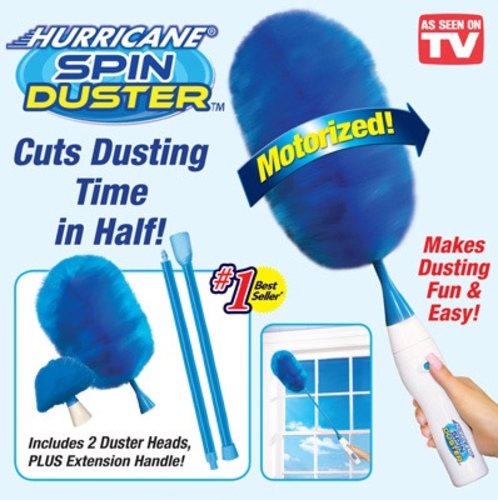 Hurricane spin duster - Hurricane Spin Duster is the motorized duster that eliminates dust in half the time. When you’re ready to dust, just press the button and Hurricane Spin Duster starts spinning. All you have to do is glide it over your dusty surface. Hurricane Spin Duster practically does the work for you!