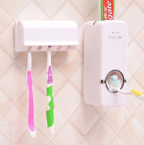 Toothpaste dispenser - 1. Small and portable design,save place.

2. Can hold 5 toothbrush, and also can avoid the cross pollution.

3. Material: high quality ABS, powerful double-sided adhesive.

4. Eco-friend, strong sticky on wall no damaged, no mark.