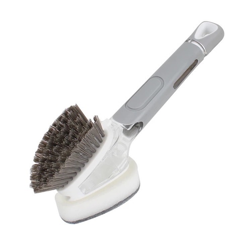 2 in 1 dish wand scrub brush - Innovative liquid injection bottle design, bid farewell to cumbersome, one-time filling of liquid for multiple uses.PP environmental protection brush head, PP brush to remove stubborn stains.Press the liquid out, easy to clean. The liquid can be discharged by pressing one button, saving time and effort.Comes with scraping head, brush and scraping head are used together. Decontamination does not dirty hands, easy to remove oil stains.1 brush head + 2 spare replacement scouring pad sponges