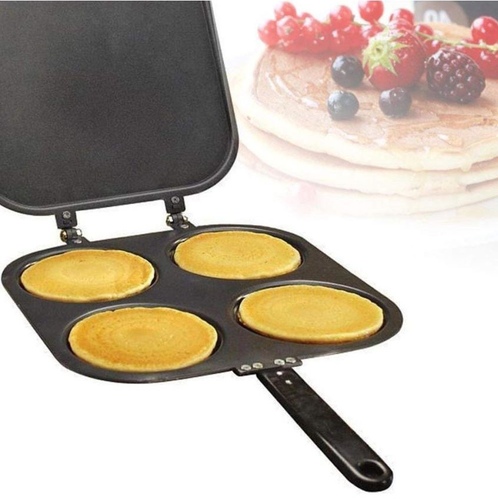 perfect pancake maker - The Perfect Pancake Pan claims to be a fast, oil-and-butter-free, spatula-less means of dishing up pristine disks of leavened carbohydrates on every go. Non-stick skillets contain 4 batter receptacles and a flat fold-over lid for flipping halfway through. They also accept eggs, cooking each sized just right for insertion into a breakfast sandwich. Unless my mouth intercepts the pass again.