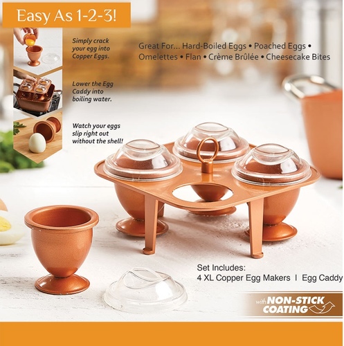 copper egg xl - Perfect for hard-boiled eggs, poached eggs, omelettes, flan, creme brulee and cheesecake bites, the Copper Chef Copper Eggs XL is a must-have in every kitchen.

PRODUCT FEATURES
Make perfect hard-boiled eggs in an instant with no peeling 
Nonstick coating 
Simply crack egg into copper eggs 
Place caddy into boiling water 
Eggs slip right out without the shell