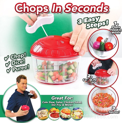 cranck chop - FOOD PREP IS FUN AGAIN! Your bulky electric food processor is noisy and takes up too much counter space. Crank Chop is a compact, manual food processor that does not require electricity. Chop, dice, and puree with a pull of the cord! Make salads, salsa, tabouli, stir fry, and more with ease. You can even make homemade baby food! Crank Chop measures 5-inches by 5-inches by 5.5-inchesso it is small enough to stash in your drawer or cabinet when not in use. Take it along camping, in the RV, work, or the college dorm. 

EASY TO USE Creating your home cooked masterpiece is easy when you use Crank Chop. Just place your favorite ingredients inside Crank Chop’s bowl, and place the lid. Then, crank the nylon pull to start chopping! It’s that easy. The more you crank, the finer the chop. It’s so incredibly easy that you can even bring it to work for the ultimate fresh salsa or salad!
3 POWERFUL BLADES Three powerful blades that simultaneously slice through food with each pull of the cord. Pull it a couple of times for a nice dice, or several for a rich puree.