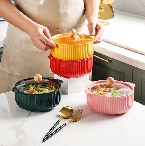 Nordic ceramic soup bowl - Nordic ceramic binaural soup bowl withlid large household salad bowl instantnoodle soup bowl